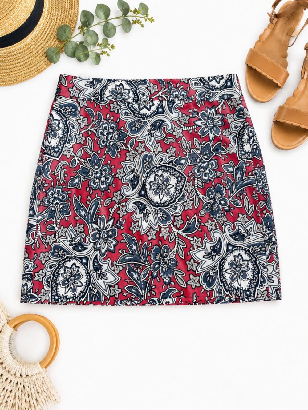 LOFT Size 10 Red Paisley Floral Mini Skirt Navy White Straight Pencil